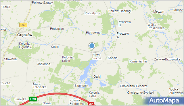 mapa Nowa Sucha, Nowa Sucha gmina Grębków na mapie Targeo